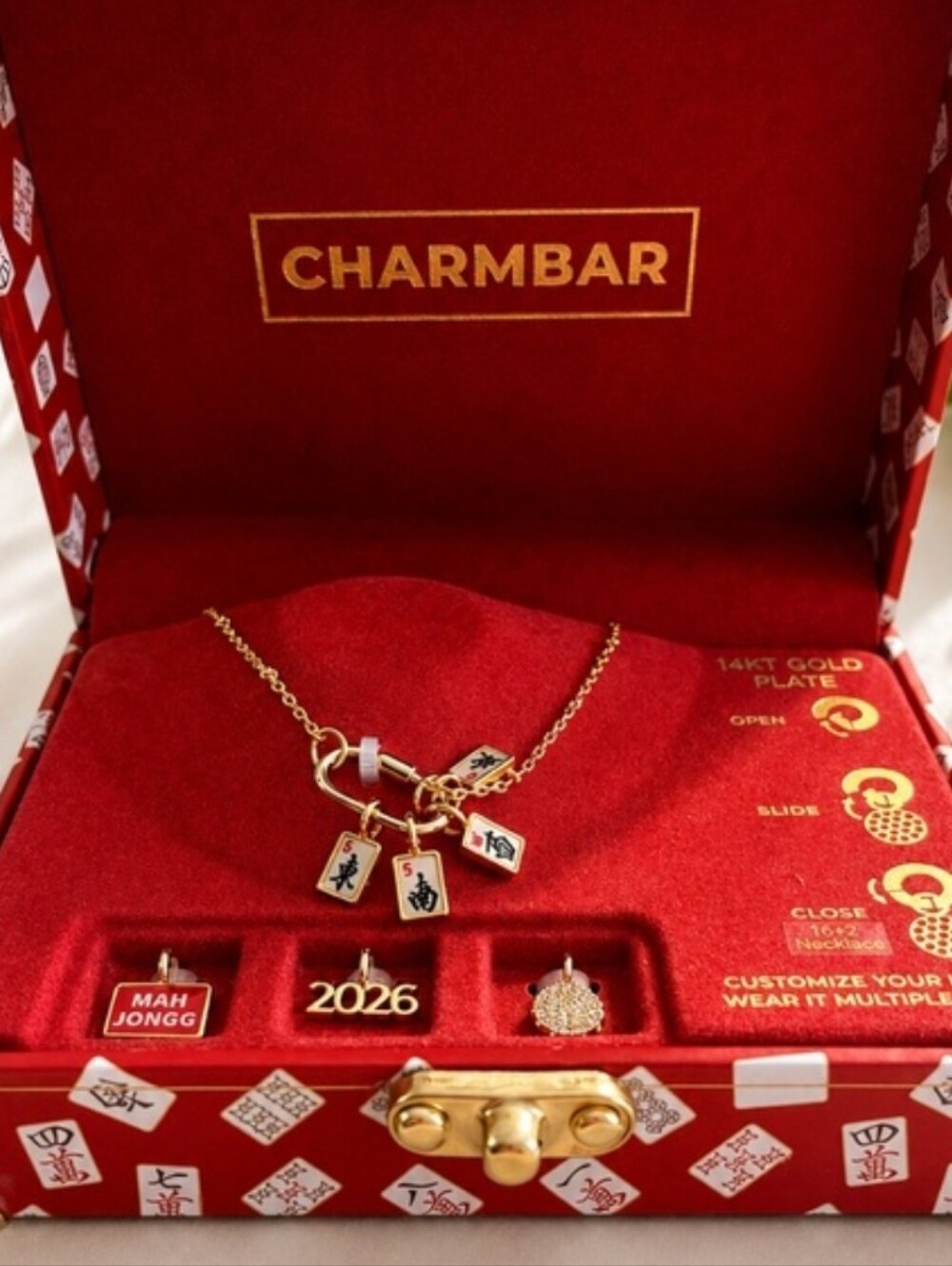 Charmbar Gold Mahjong Tile Necklace — Red